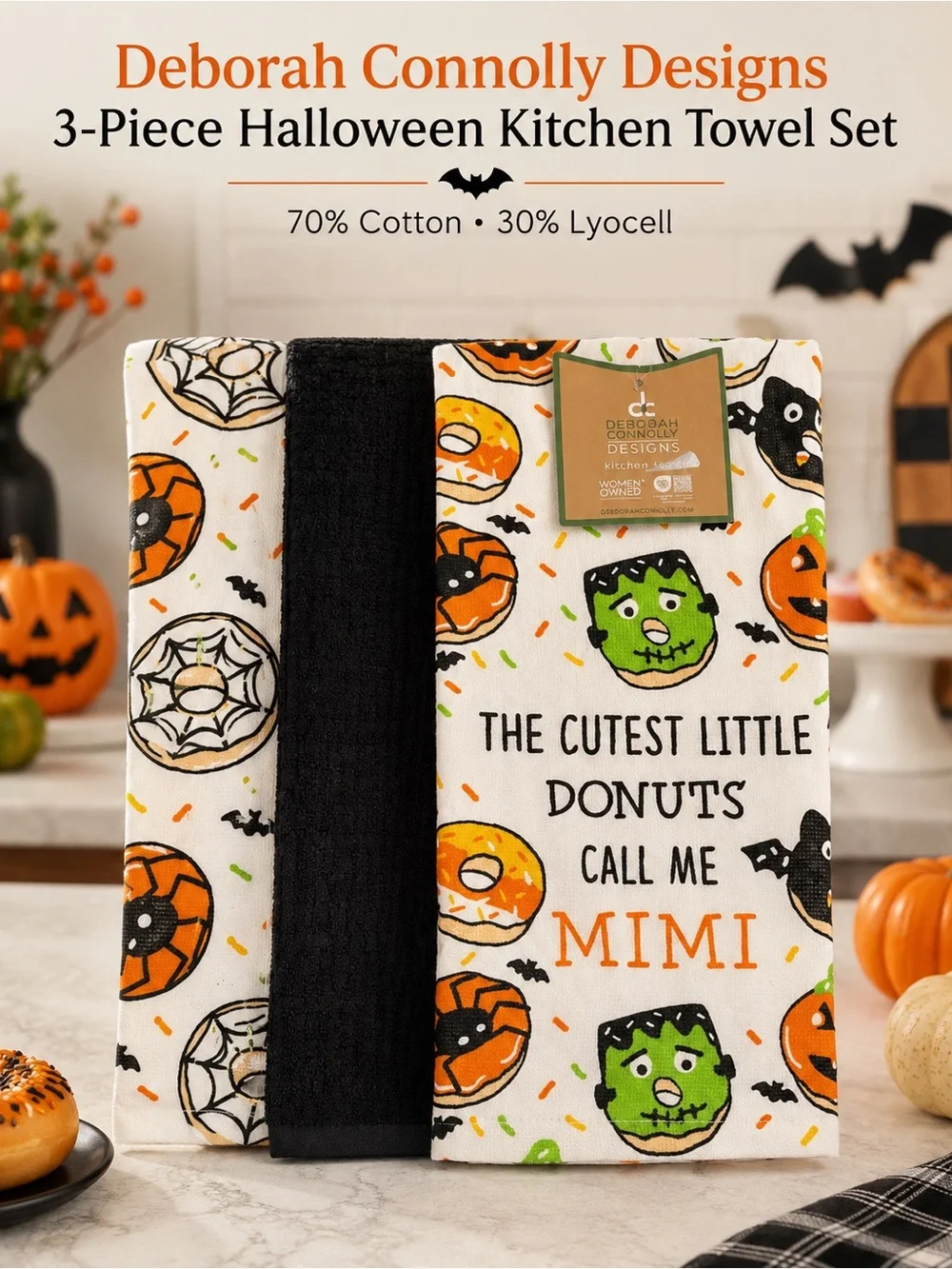 Halloween Donut & Frankenstein Kitchen Towel Set - White, Black, Orange, Green